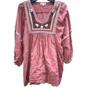 Bohemian L Max Studio Embroidered Peasant Dress Long Sleeve Bohemian‎ Pink Large